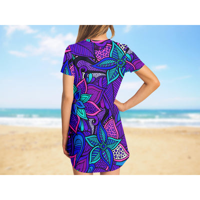 Light Gray Hippie Bright Purple Flowers | T-Shirt Dress