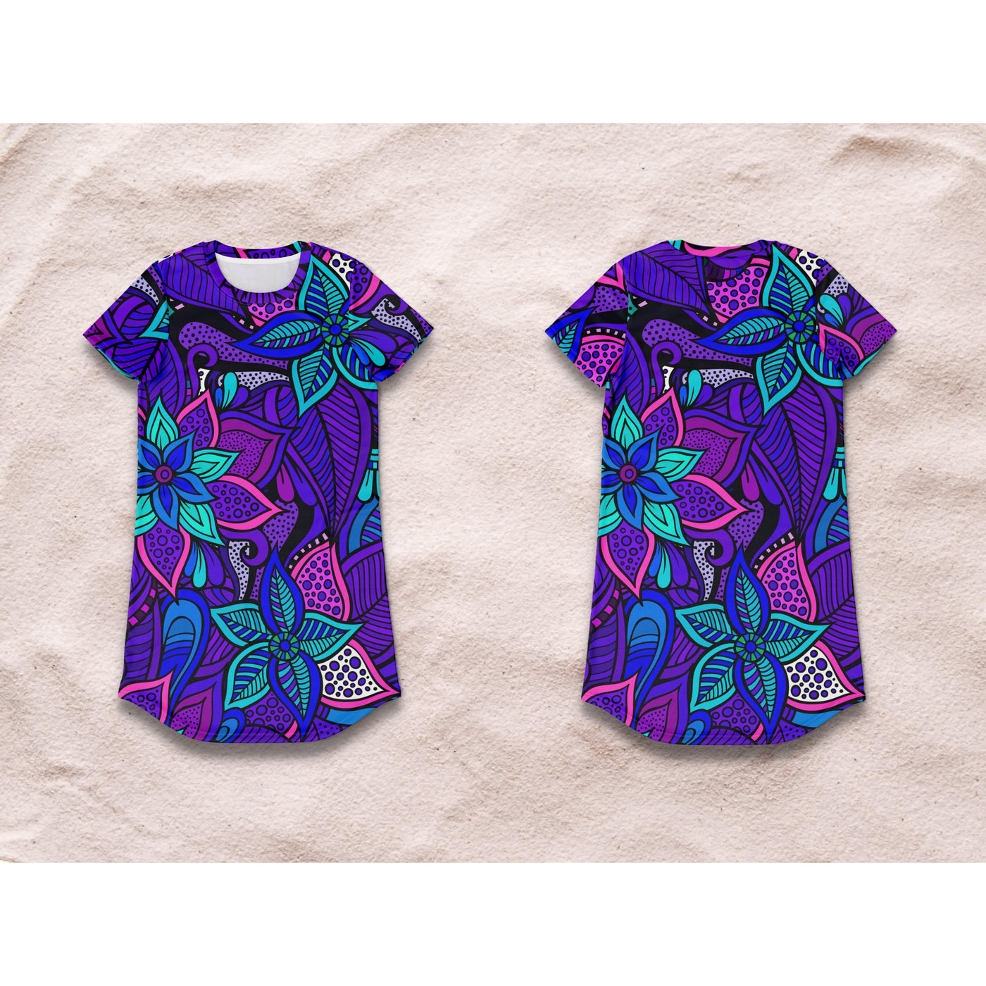Dark Slate Blue Hippie Bright Purple Flowers | T-Shirt Dress