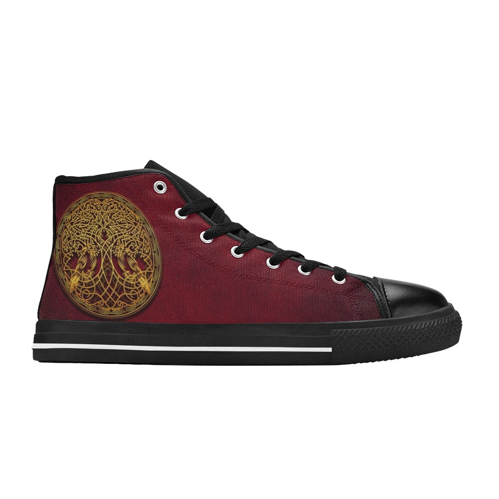 Dark Slate Gray Celtic Knot Tree Of Life Gold On Red | Women's Classic High Top Canvas Shoes