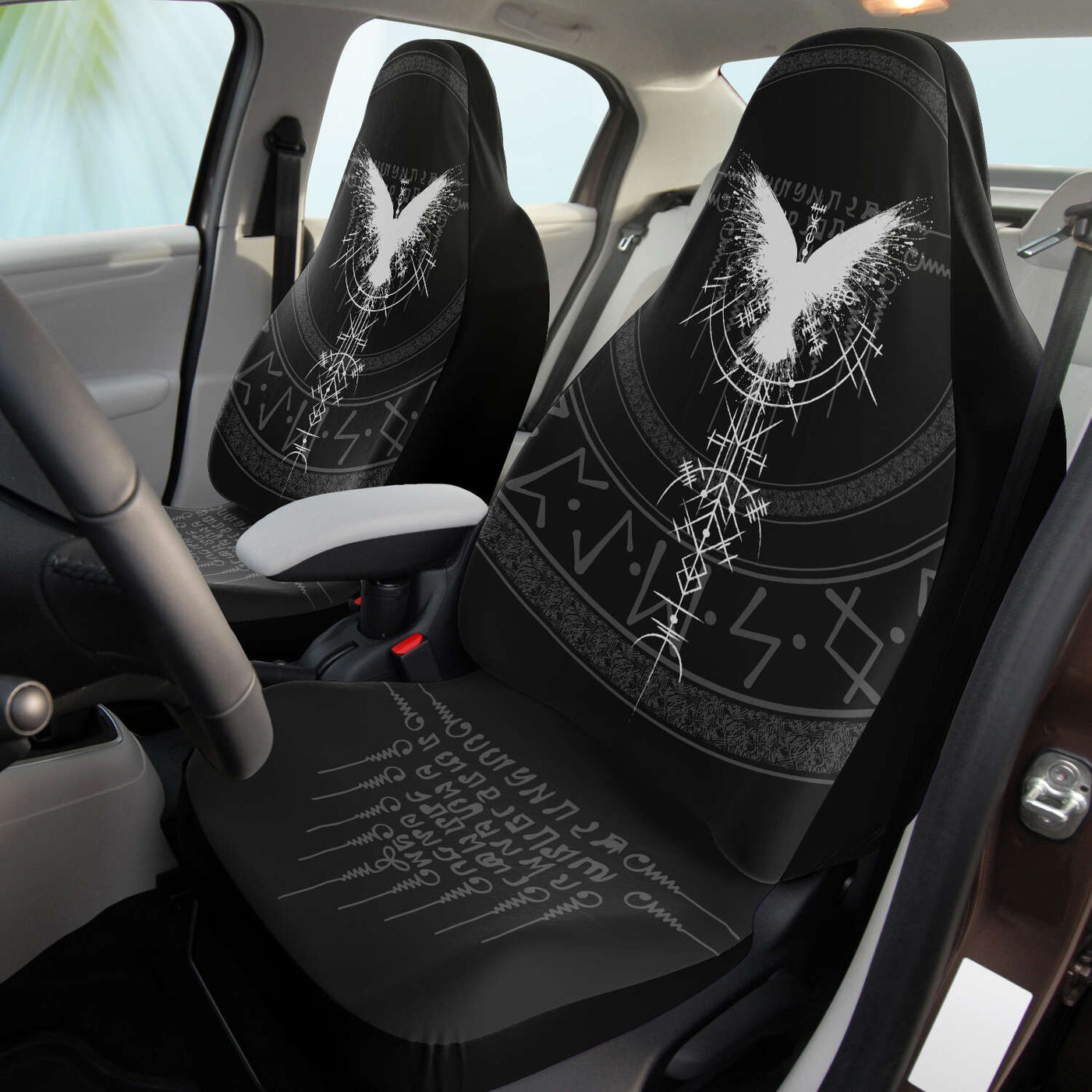 Black Grunge Bird Viking Runes Design | Car Seat Covers