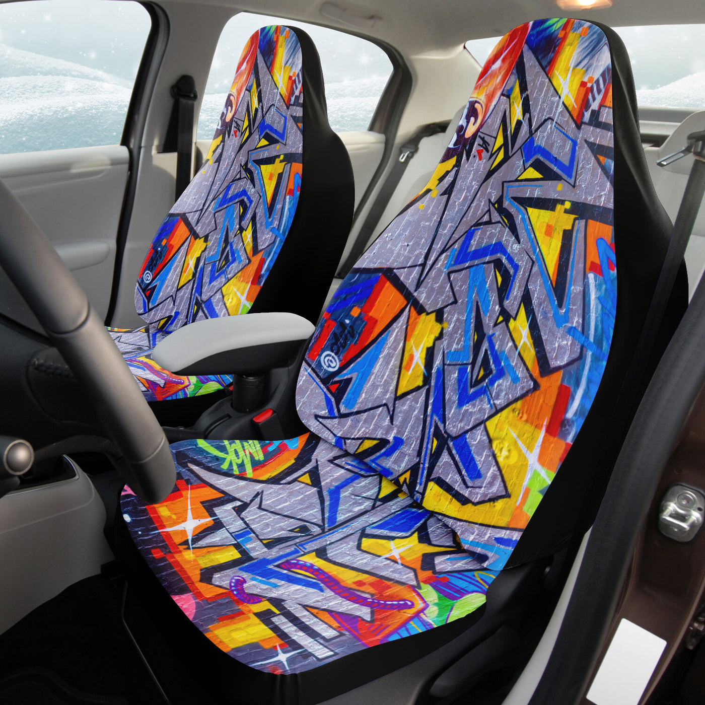 Tan Fiery Blue Brick Graffiti Art | Car Seat Covers