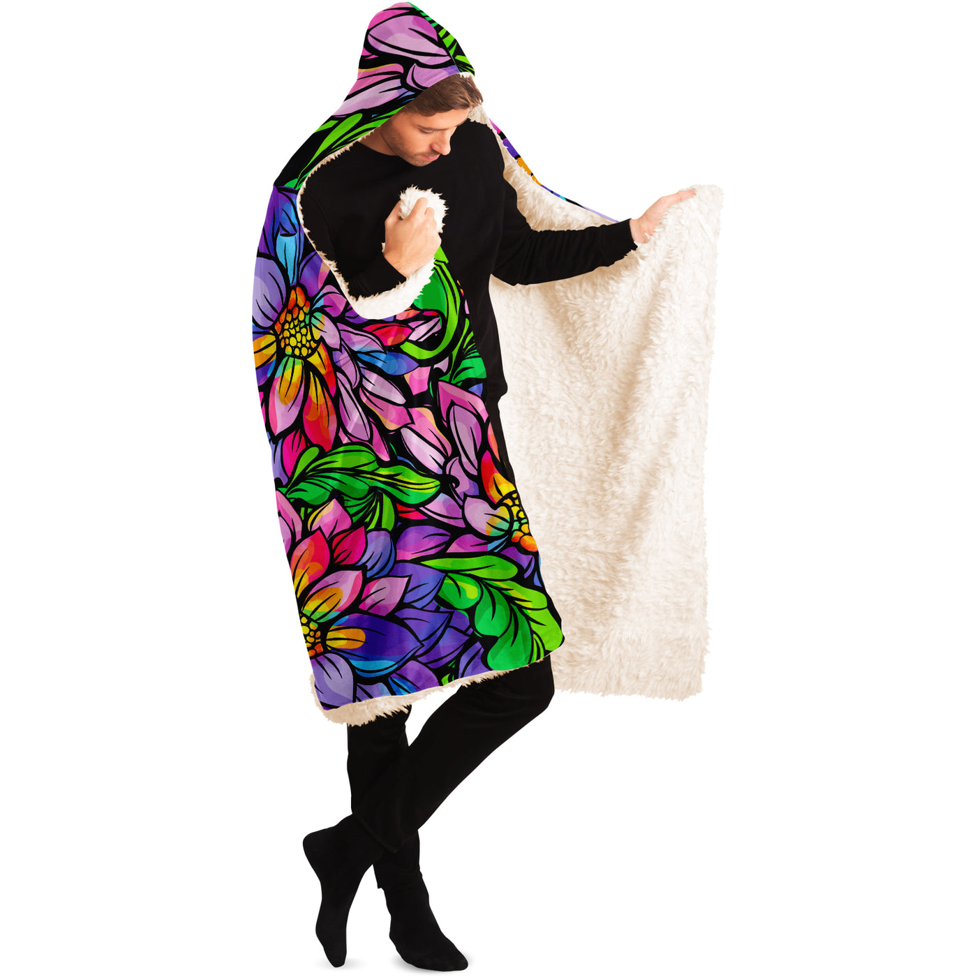 Black Vibrant Neon Flowers | Hooded Blanket