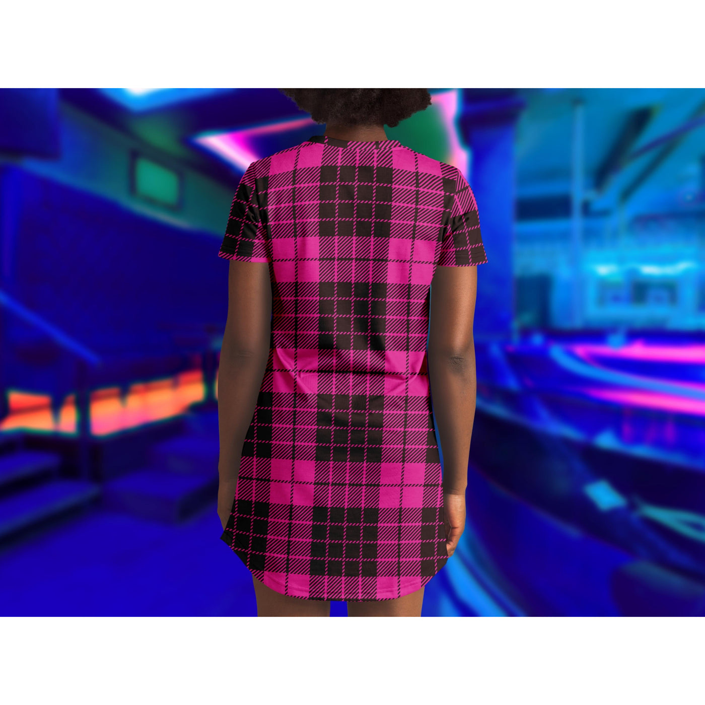 Midnight Blue Plaid Pastel Goth Pink | T-Shirt Dress