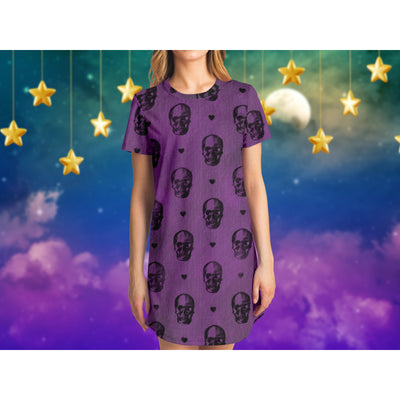 Dark Slate Blue Pastel Goth Purple Skulls | T-Shirt Dress