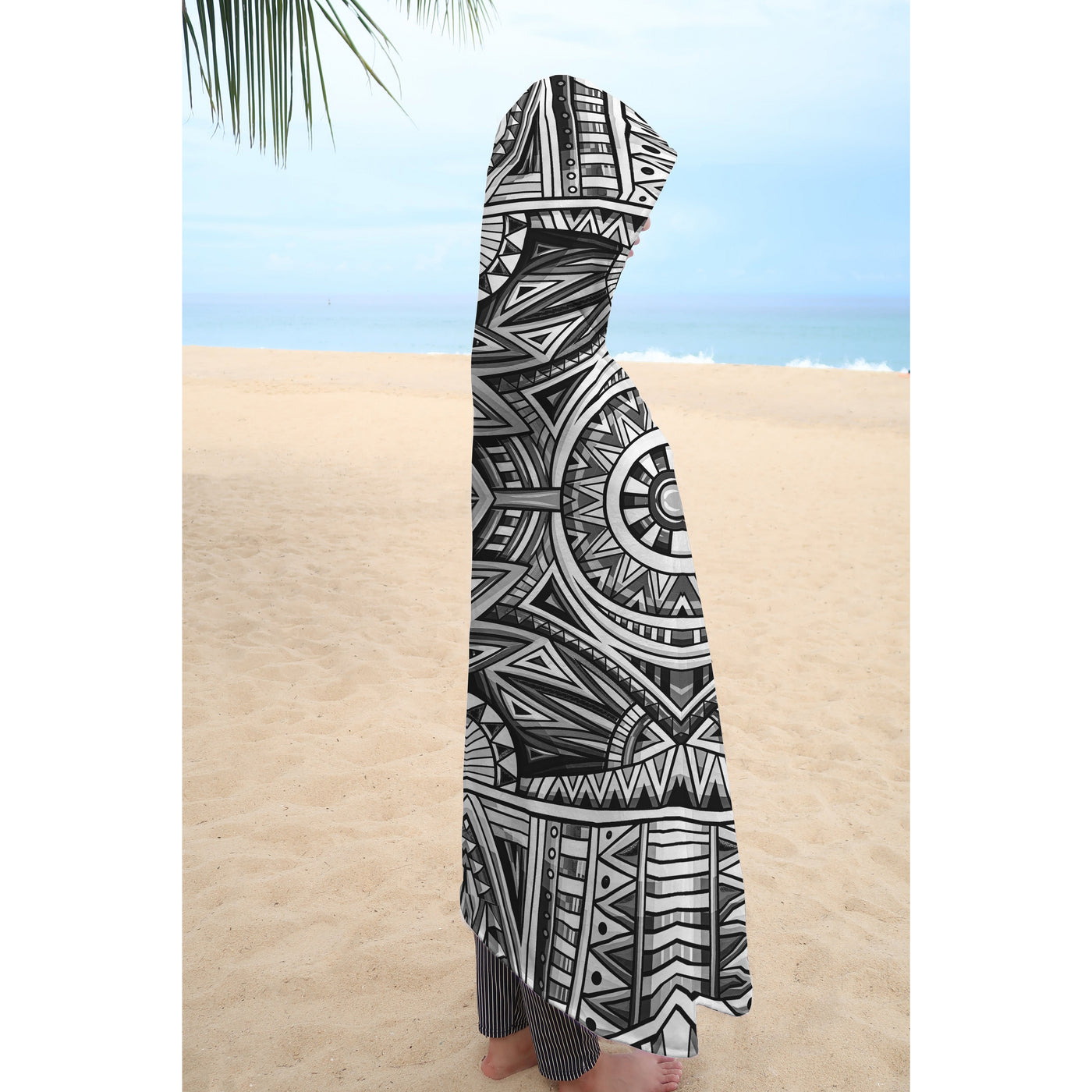 Light Gray Festival Clothes Tribal Lines 19 BW | Hooded Blanket