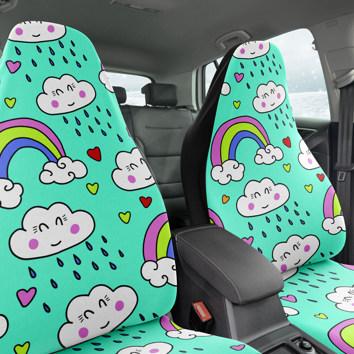 Dark Slate Gray Cute Clouds & Rainbows | Car Seat Covers