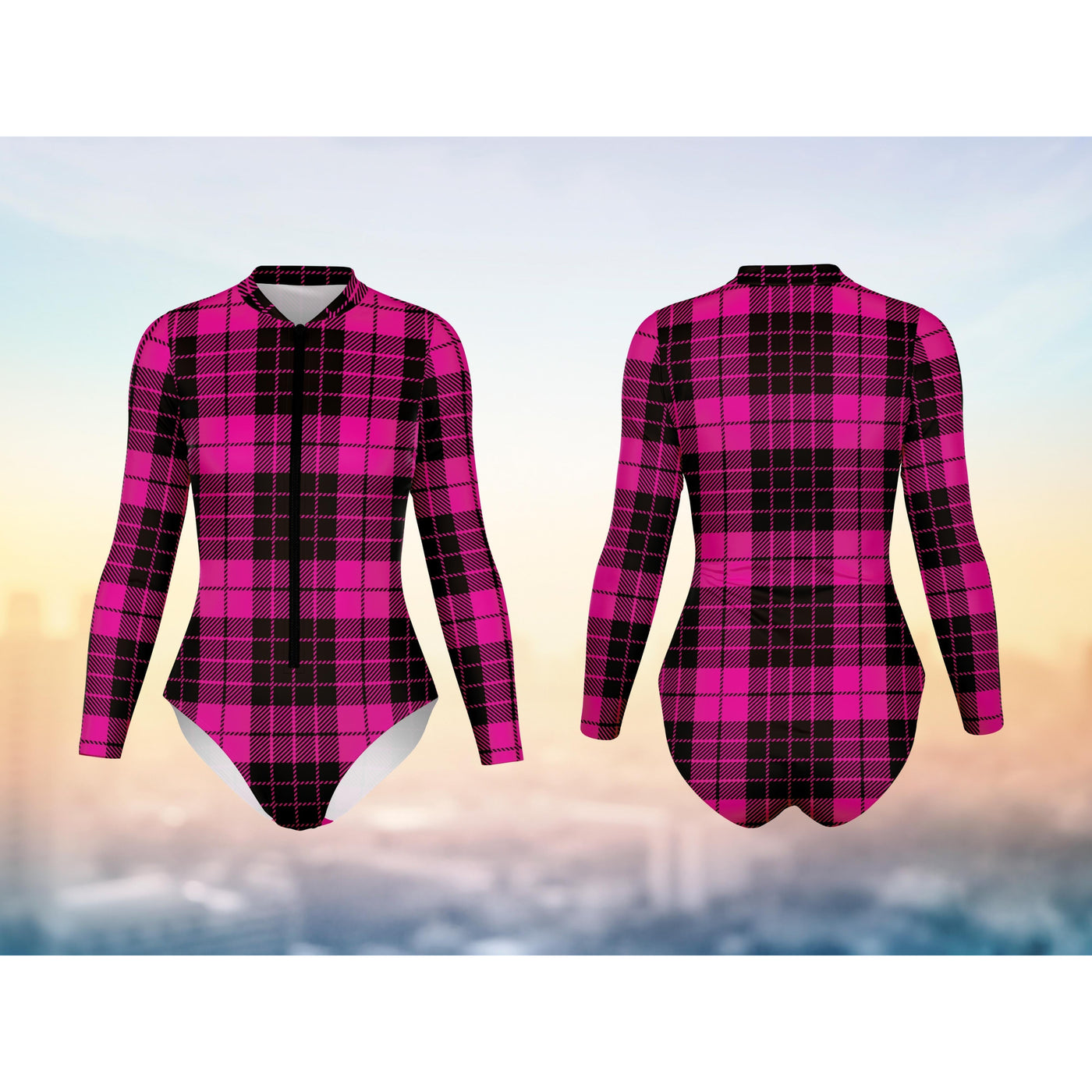 Black Plaid Pastel Goth Pink | Bodysuit Long Sleeve