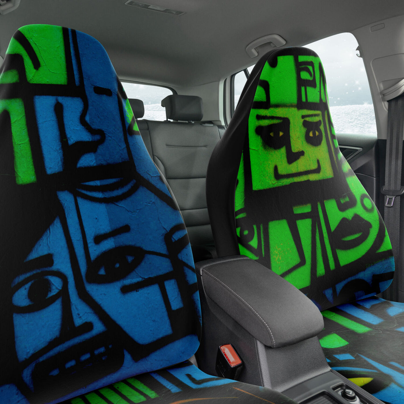 Dark Slate Gray Green & Blue Pop Art Faces | Car Seat Covers