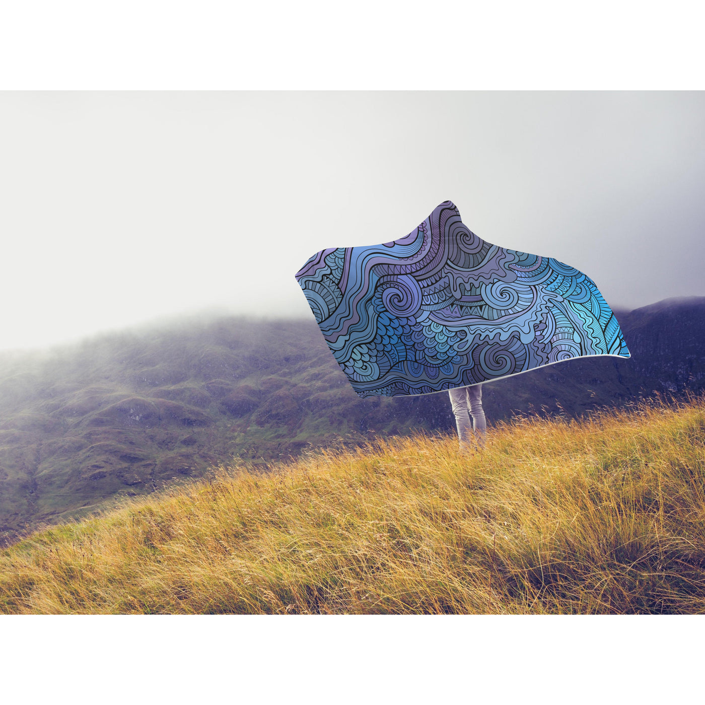 Light Gray Trippy Blue Paisley Waves | Hooded Blanket