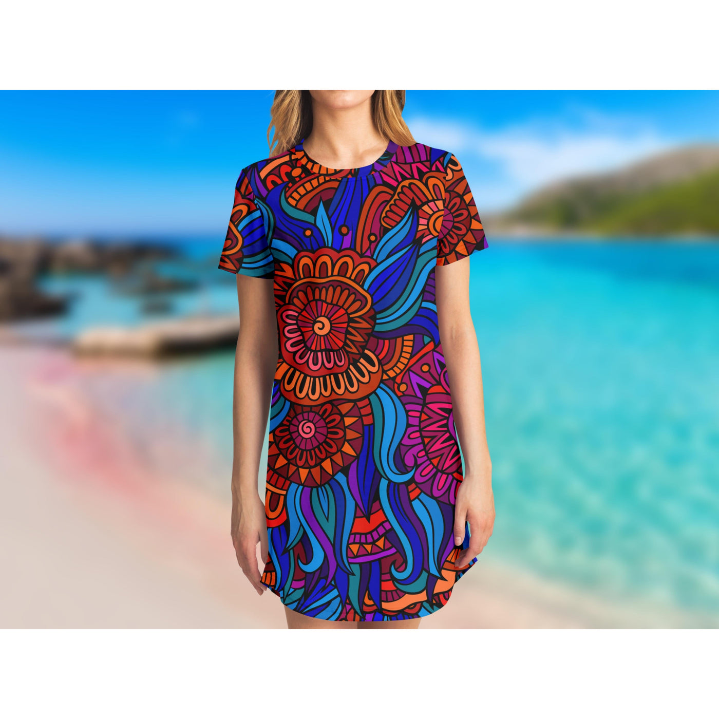Medium Turquoise Hippie Orange Flowers Pattern | T-Shirt Dress