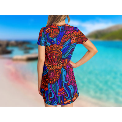 Medium Turquoise Hippie Orange Flowers Pattern | T-Shirt Dress