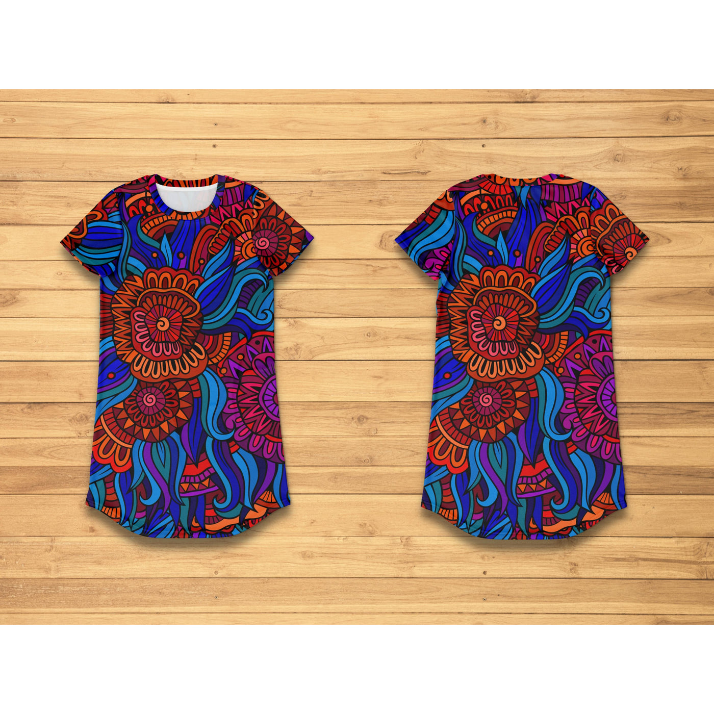 Tan Hippie Orange Flowers Pattern | T-Shirt Dress