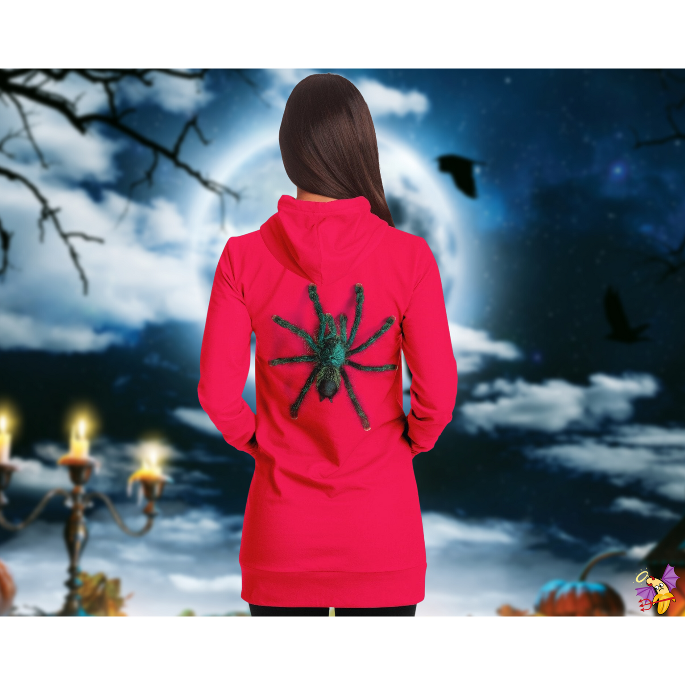 Pale Violet Red 3D Realistic Neon Pink Spider | Fashion Longline Hoodie