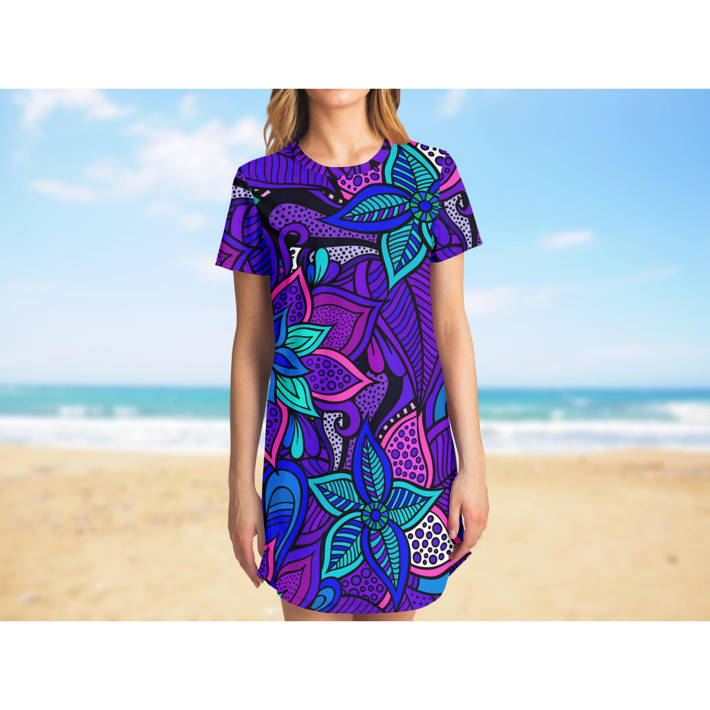 Light Gray Hippie Bright Purple Flowers | T-Shirt Dress