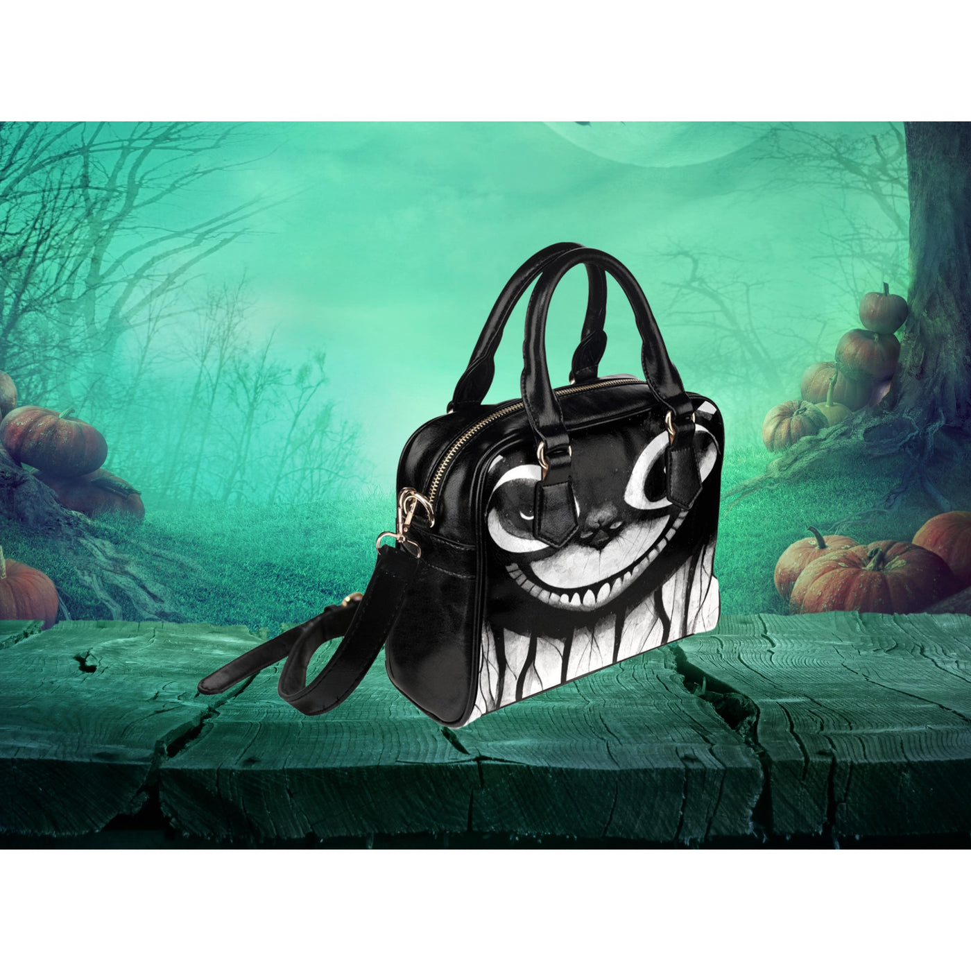 Dark Slate Gray Evil Smiling Cat 2 | Leather Shoulder Bag