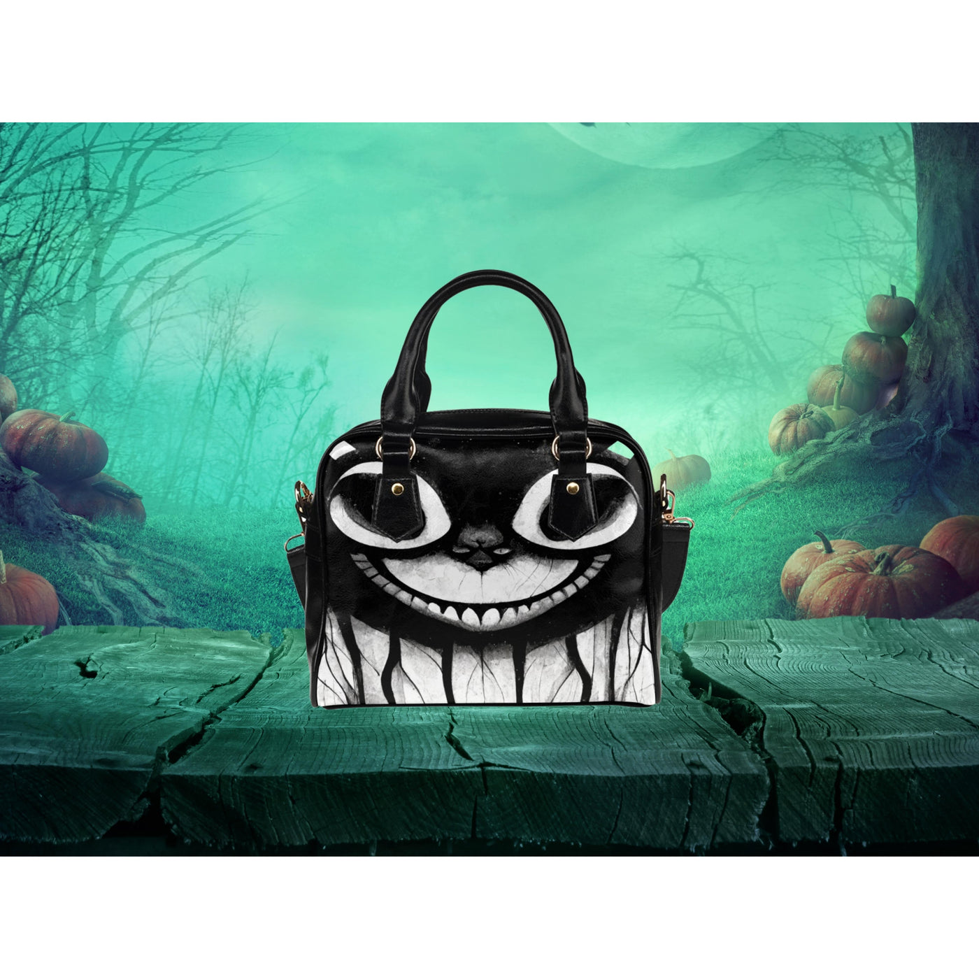 Medium Aquamarine Evil Smiling Cat 2 | Leather Shoulder Bag