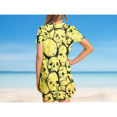 Light Gray Yellow Hand Drawn Skulls Goth | T-Shirt Dress