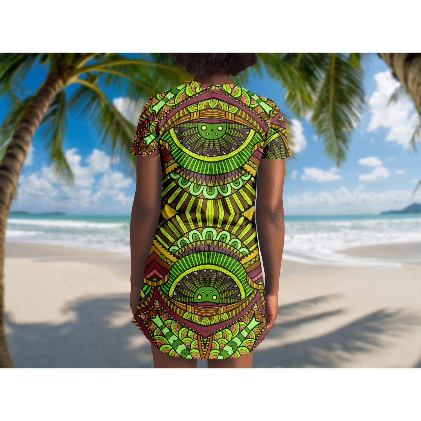 Dark Olive Green Tribal Line Art 5 | T-Shirt Dress