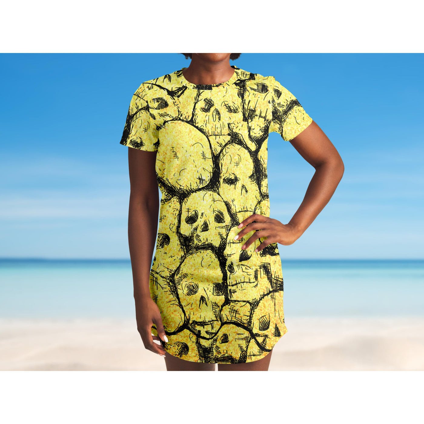 Light Gray Yellow Hand Drawn Skulls Goth | T-Shirt Dress