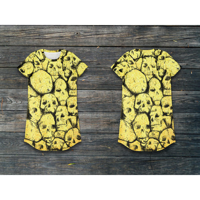 Dark Slate Gray Yellow Hand Drawn Skulls Goth | T-Shirt Dress