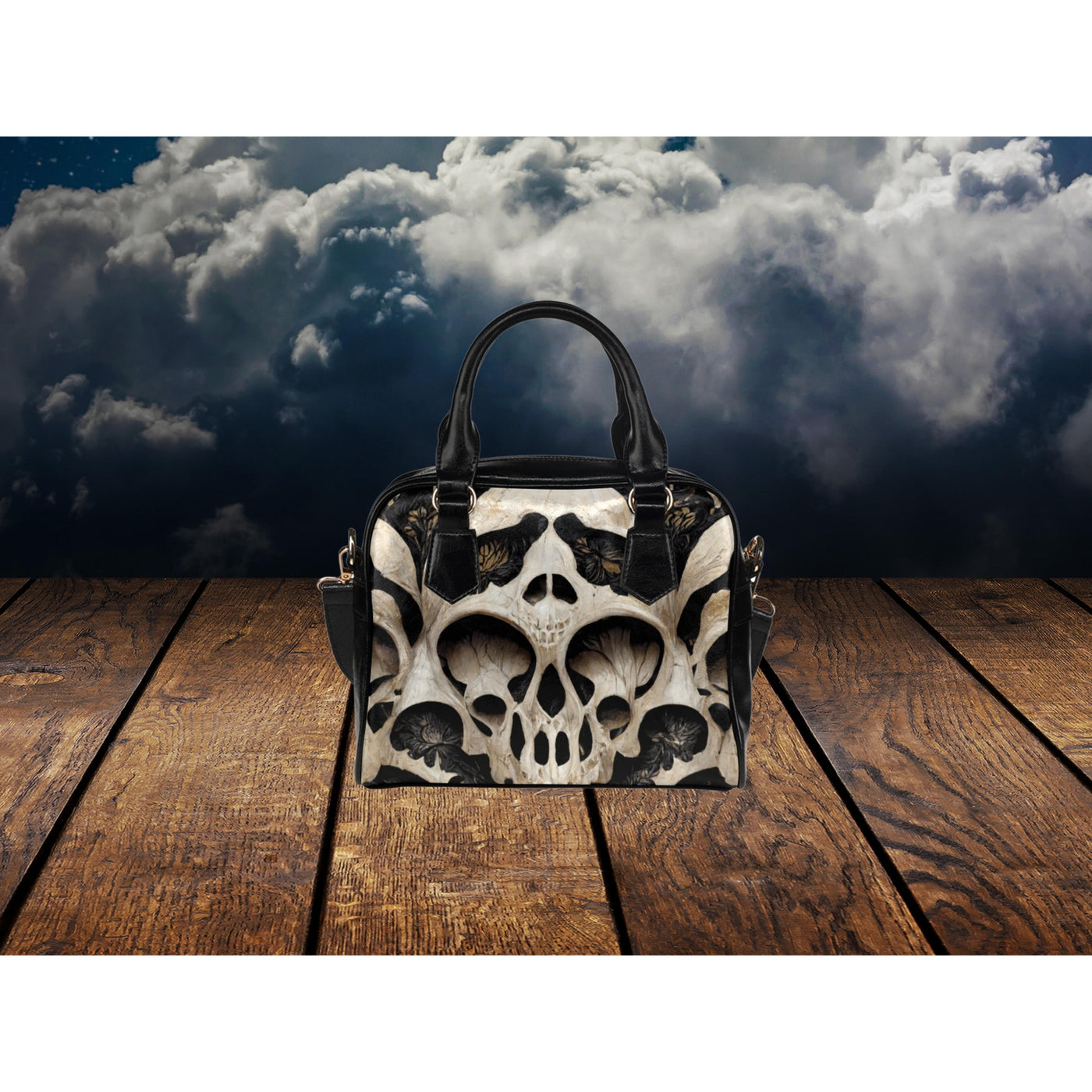 Dark Slate Gray Gothic Skulls | Leather Shoulder Bag
