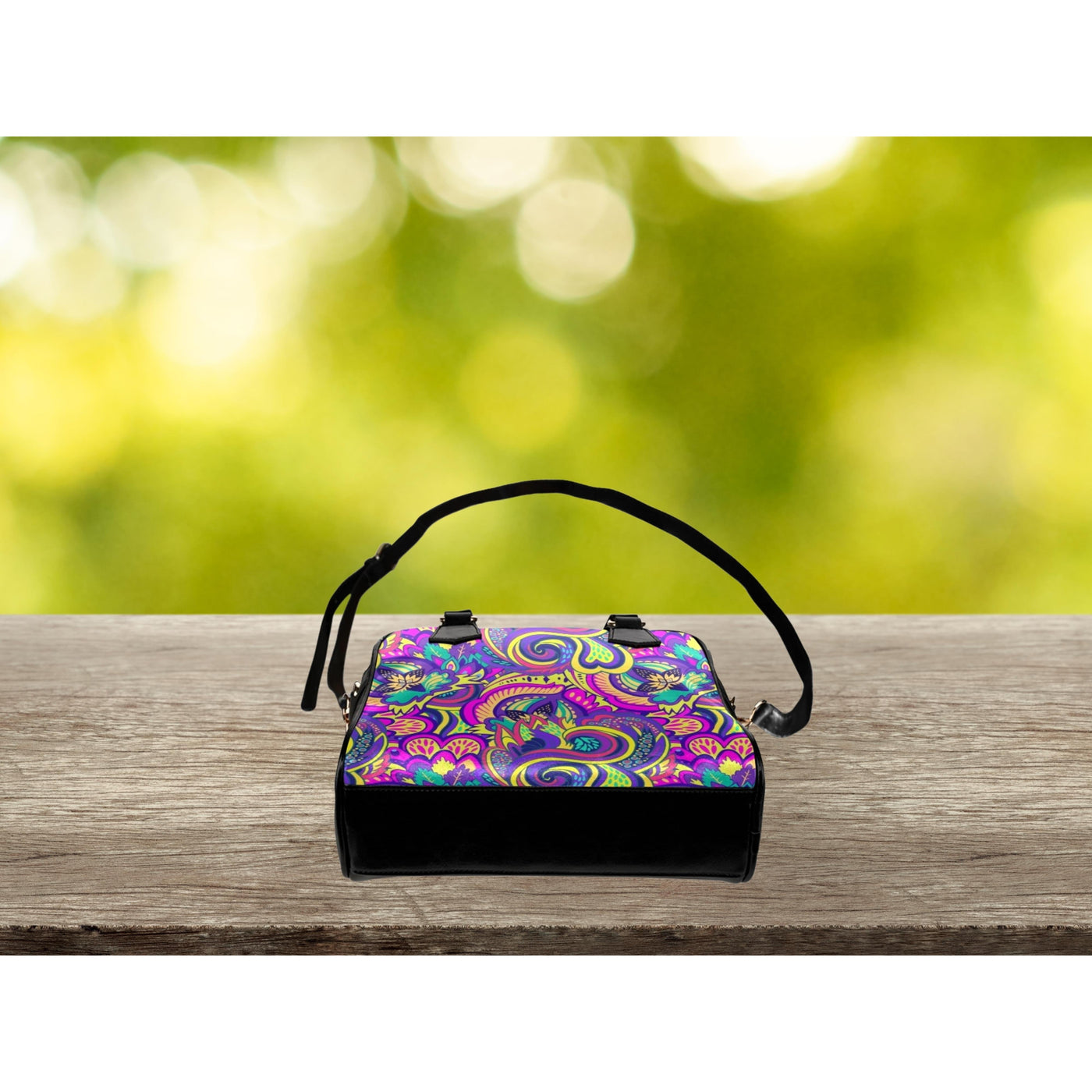 Yellow Green Tie Dye Trippy Pink Flowers | Leather Shoulder Bag