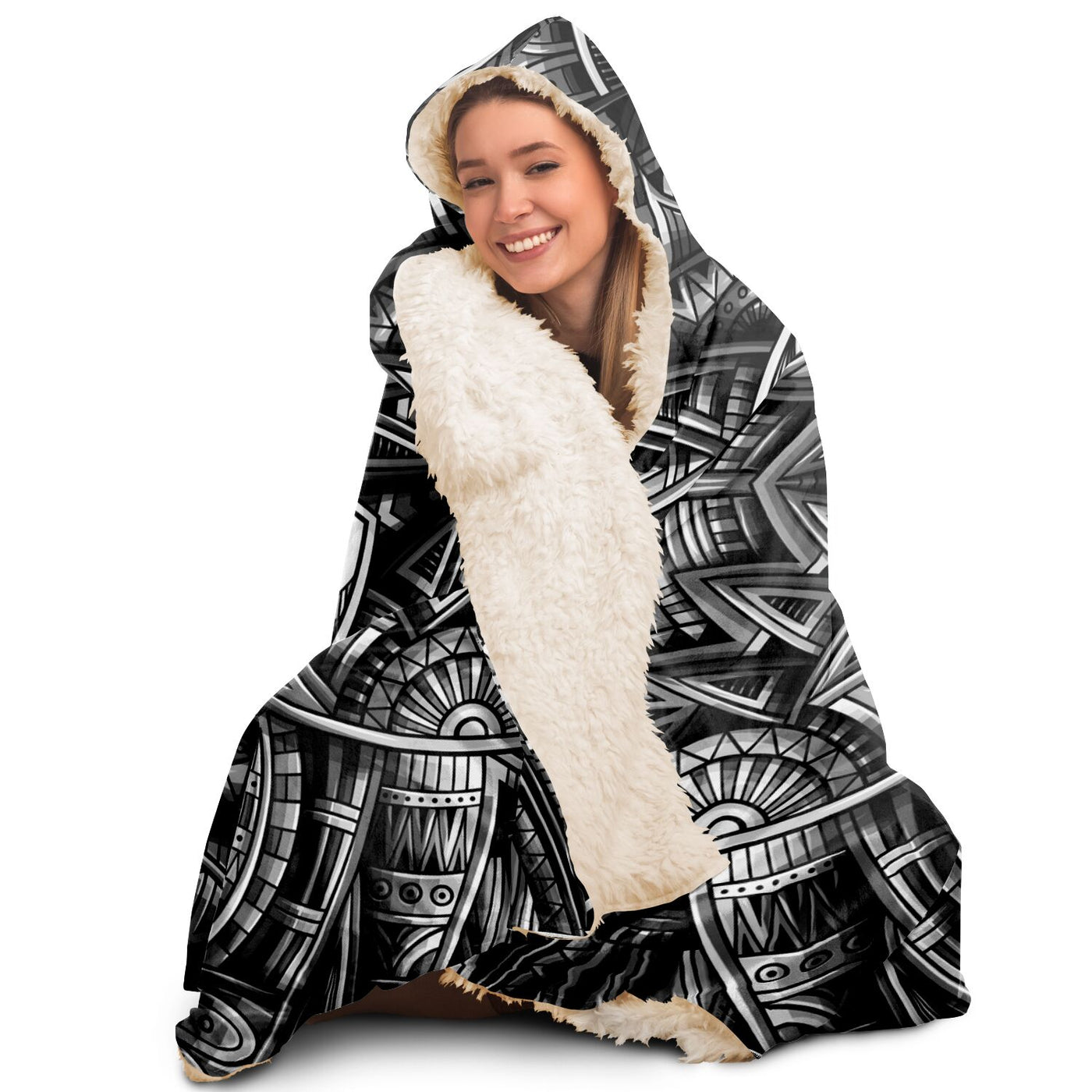 Light Gray Festival Clothes Tribal Lines 2 BW | Hooded Blanket