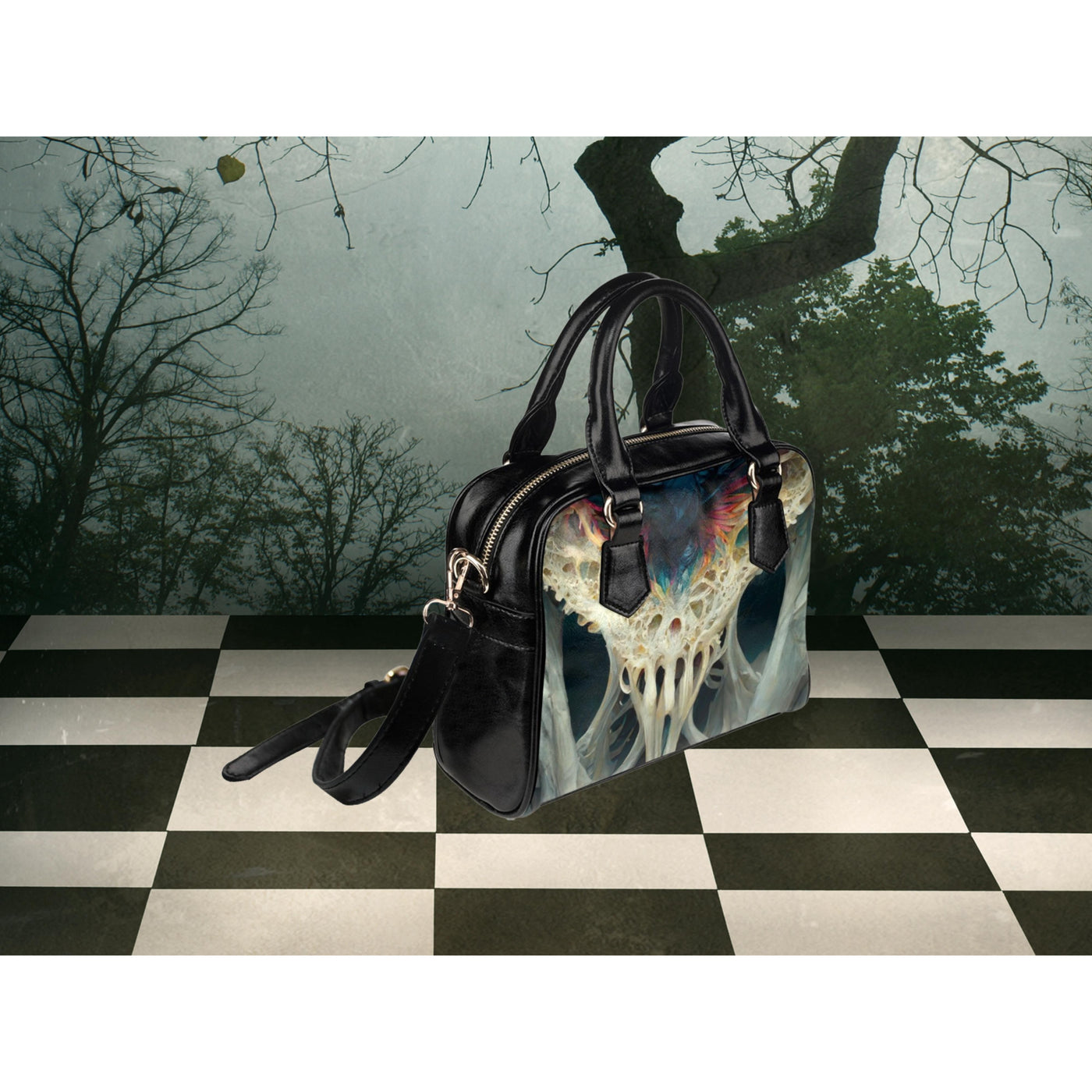 Dark Slate Gray Bone Monster Horror Art | Leather Shoulder Bag
