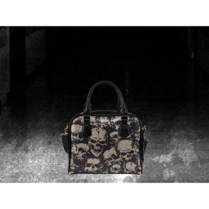 Dark Gray Gothic Skulls Brown Pattern | Leather Shoulder Bag