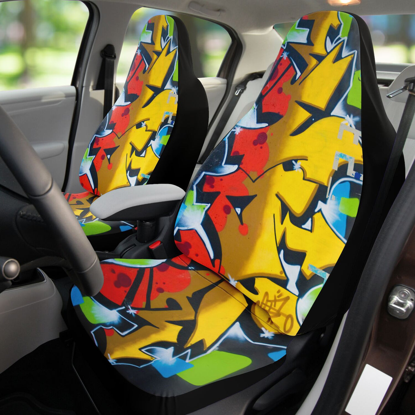 Dark Slate Gray Yellow & Red Street Art Raver | Car Seat Covers