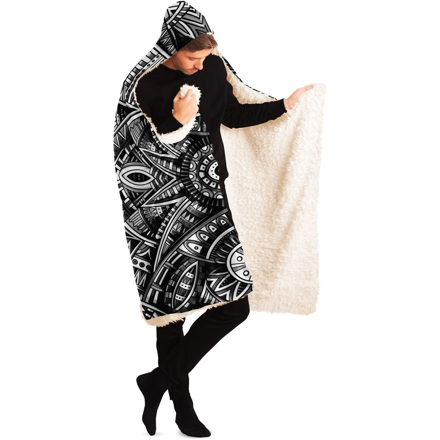 Black Festival Clothes Tribal Lines 15 BW | Hooded Blanket