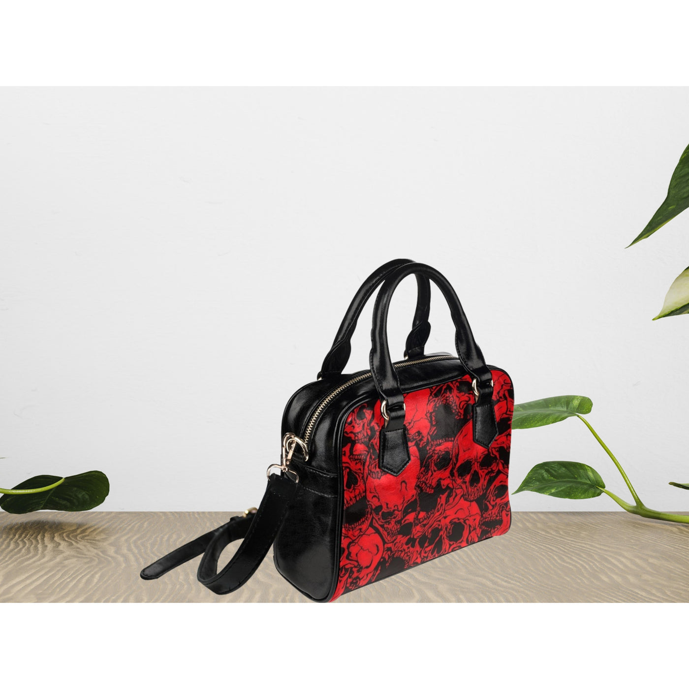 Light Gray Red Skulls Gothic Purse | Leather Shoulder Bag