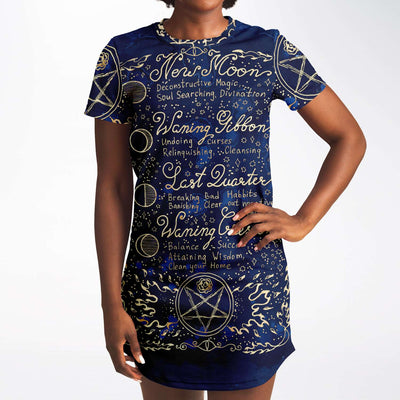 White Smoke Witchy Dress With Lunar Spells And Phases | T-Shirt Dress
