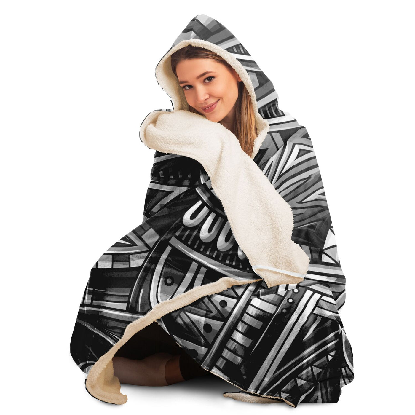 Light Gray Festival Clothes Tribal Lines 27 BW | Hooded Blanket