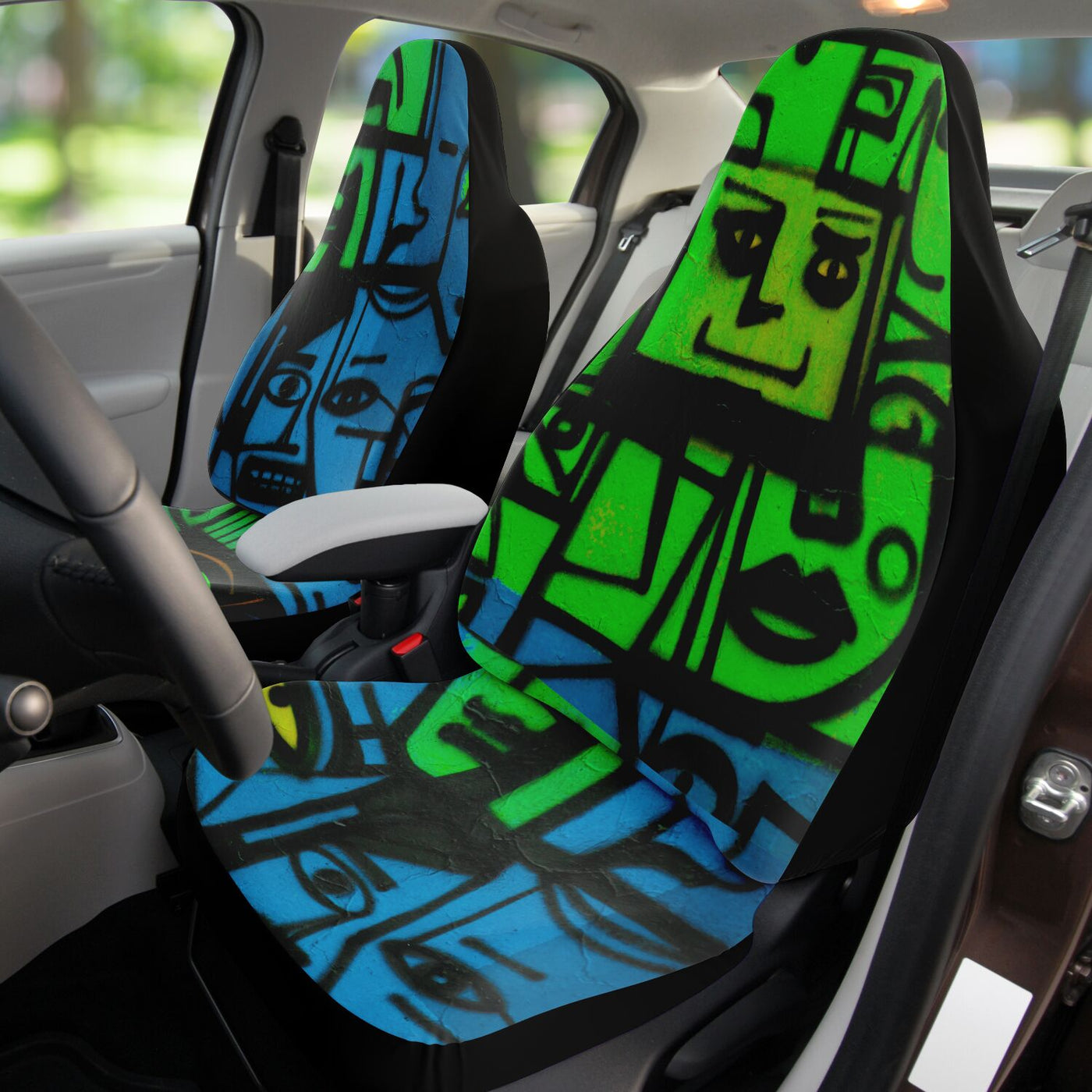 Black Green & Blue Pop Art Faces | Car Seat Covers