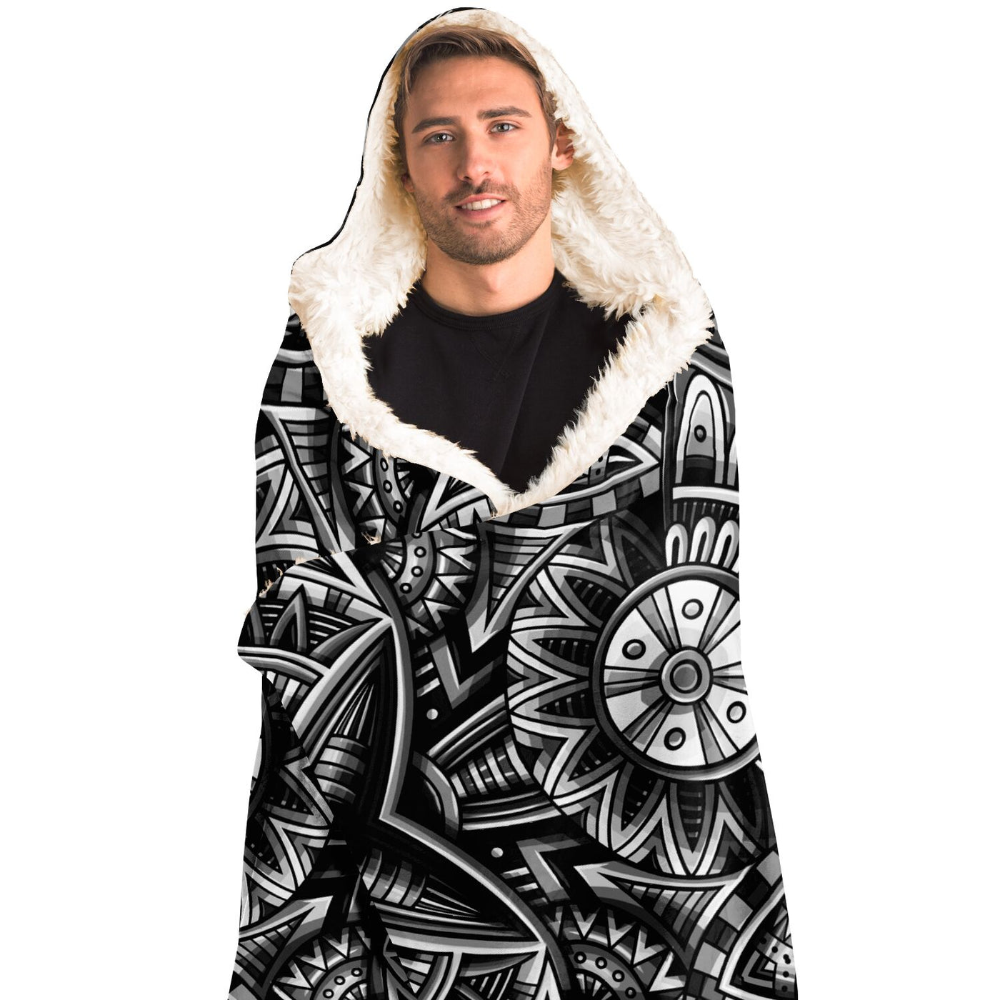 Light Gray Festival Clothes Tribal Lines 1 BW | Hooded Blanket