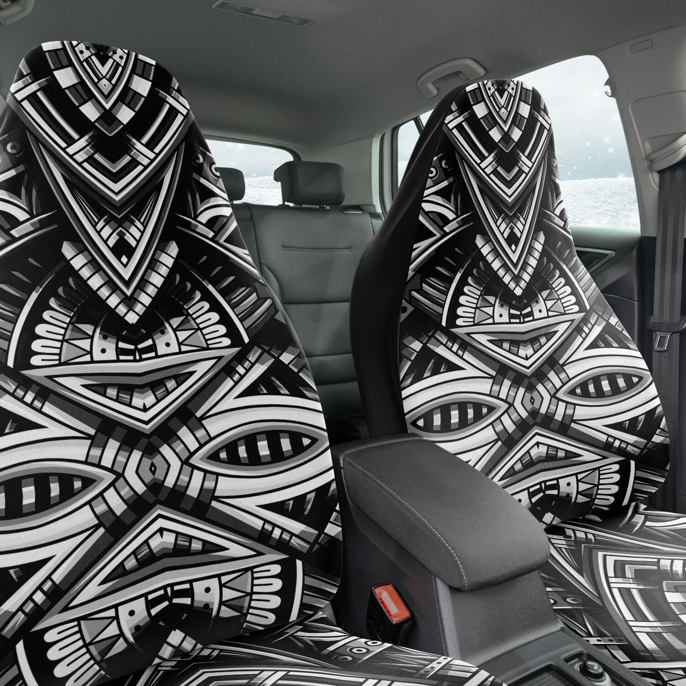 Dark Slate Gray Tribal Line Art 9 BW | Car Seat Covers
