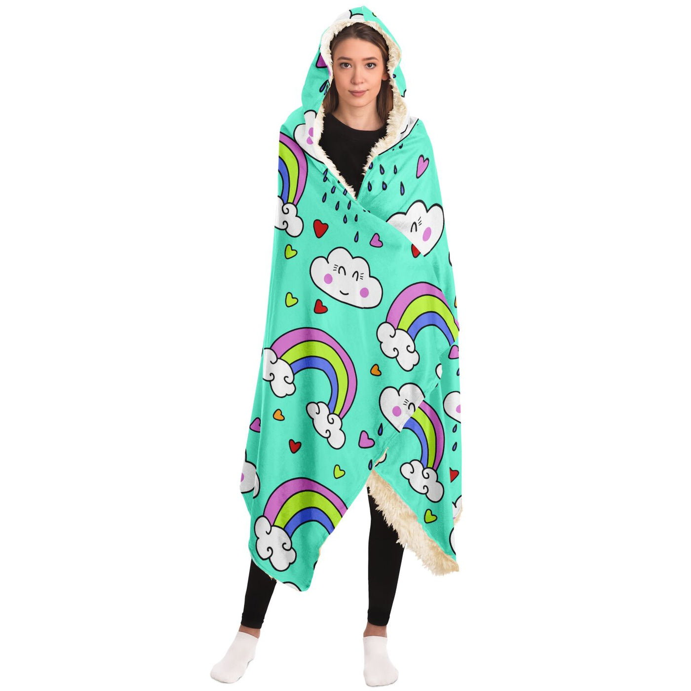 Medium Aquamarine kawaii rainbows Hooded Blanket-Frontside-Design_Template copy