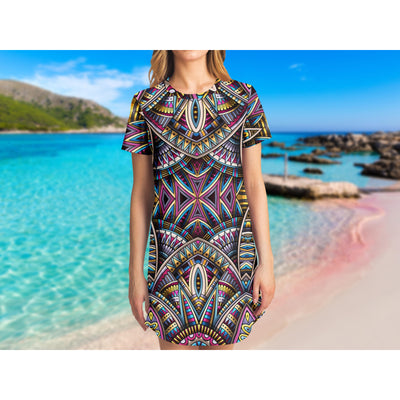Medium Turquoise Tribal Line Art 4 | T-Shirt Dress