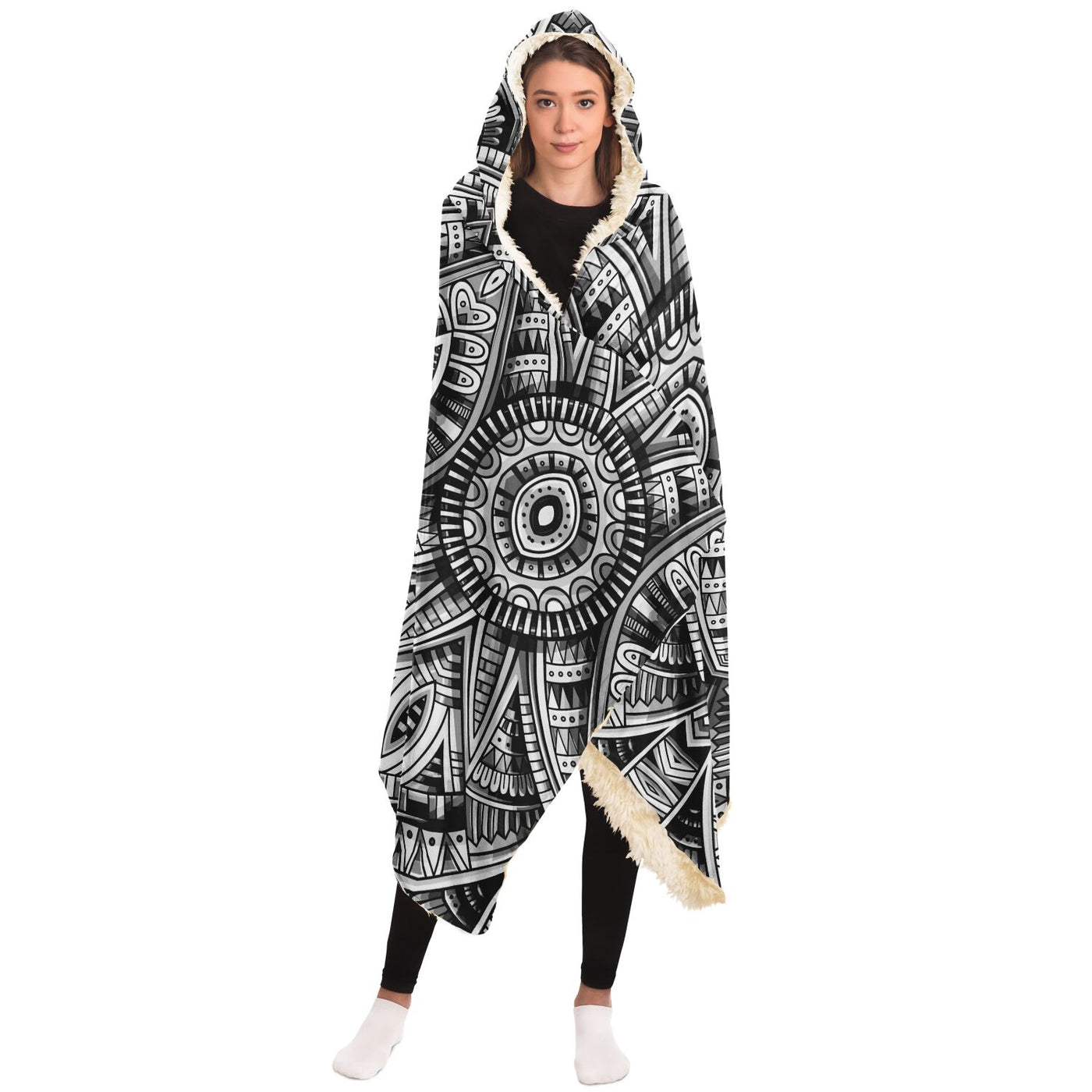 Light Gray Festival Clothes Tribal Lines 14 BW | Hooded Blanket