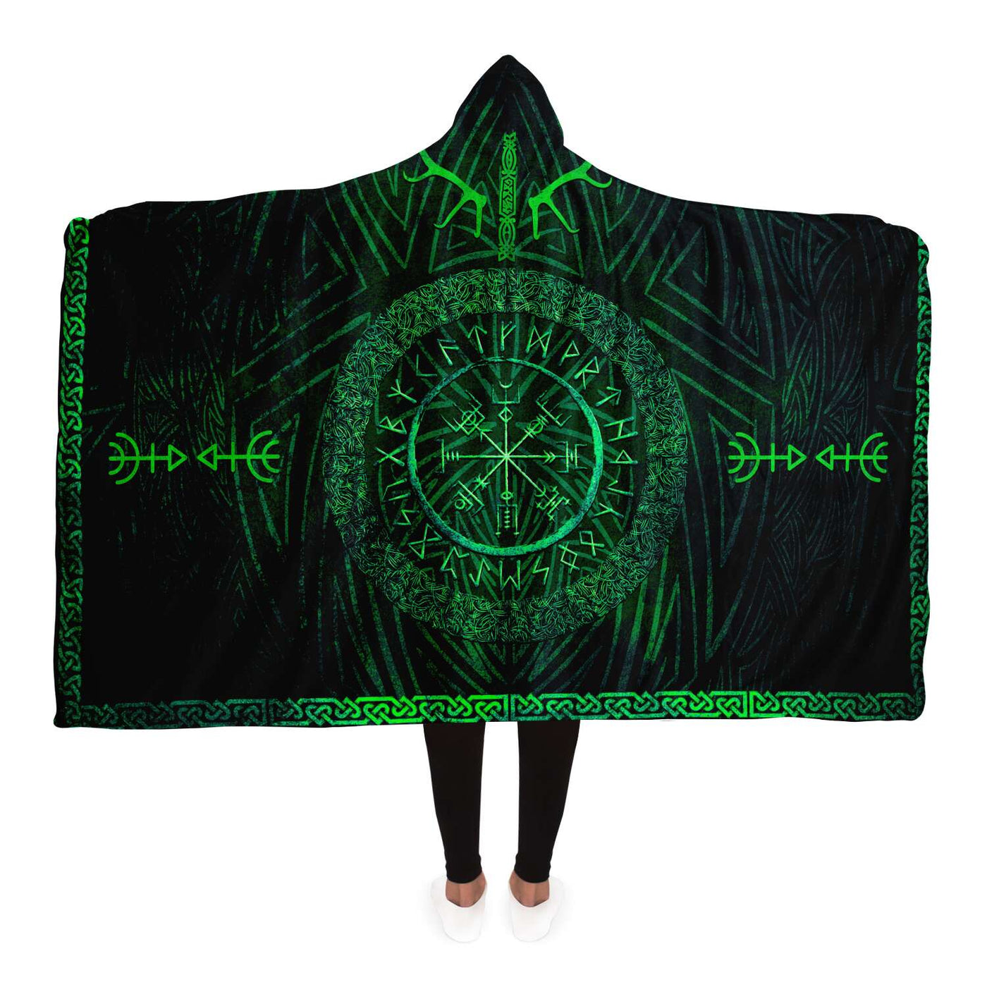 Black Celtic Runes Return To Nature Green | Hooded Blanket