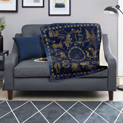Dark Slate Gray Blue/Gold Zodiac Signs | Premium Microfleece Blanket