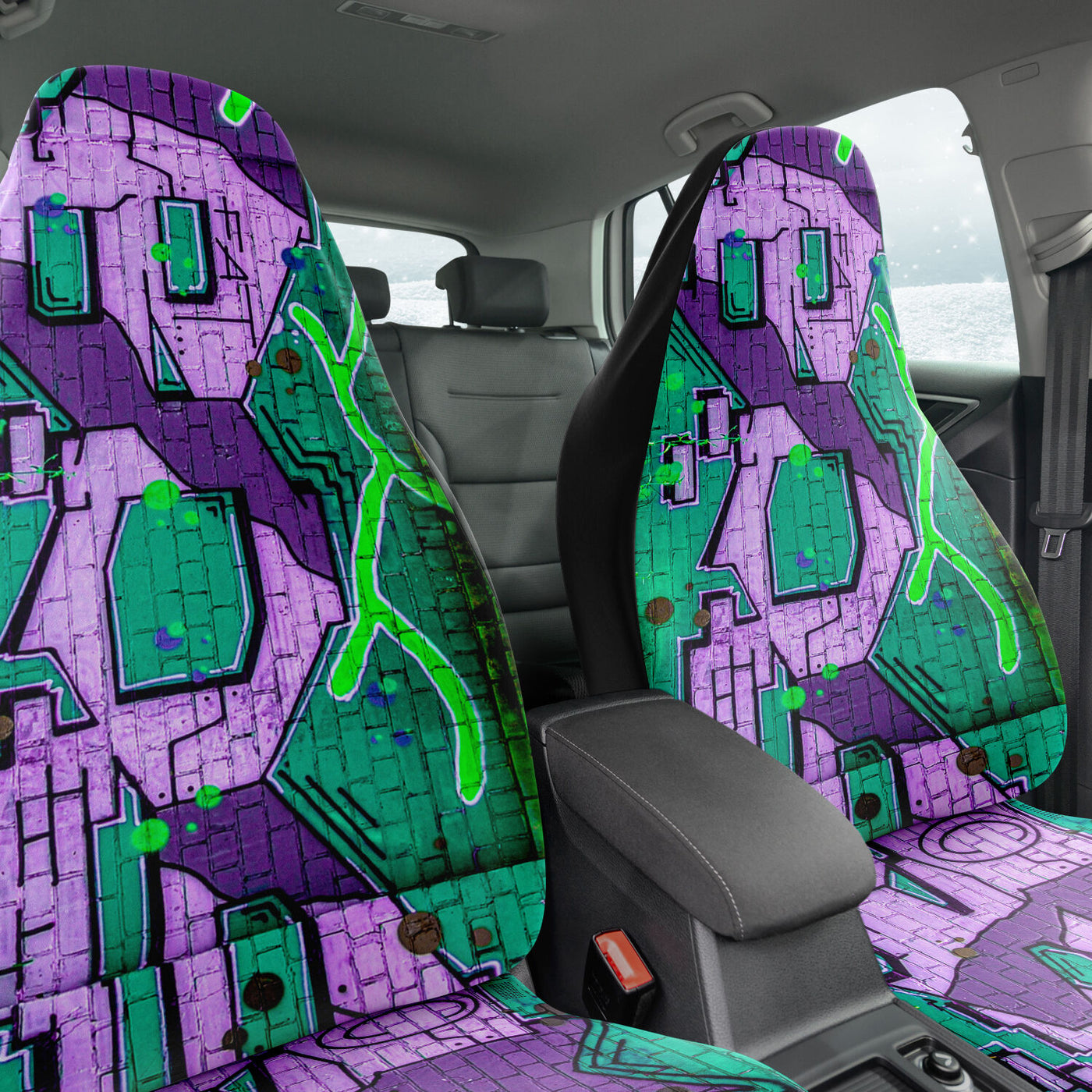 Dark Slate Gray Graffiti Art Purple & Green On brick | Car Seat Covers