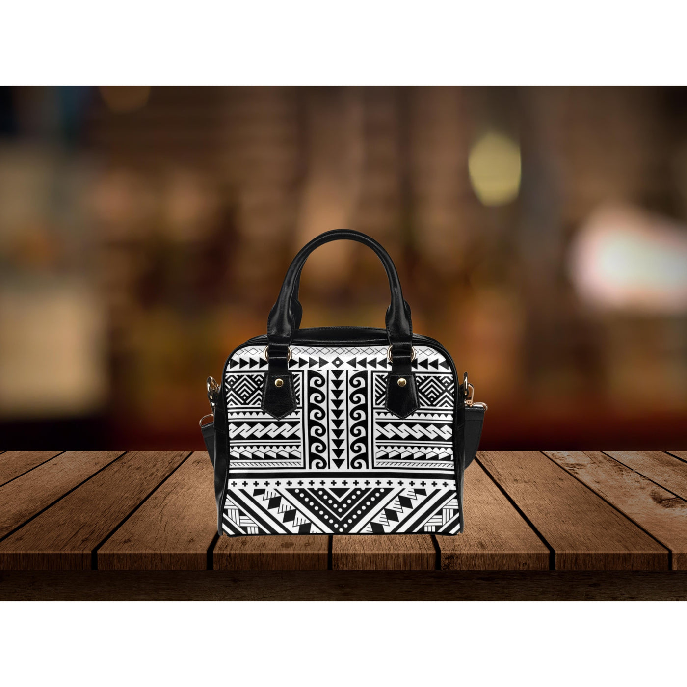 Dark Slate Gray Polynesian Styled Art | Leather Shoulder Bag