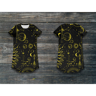 Dark Slate Gray Sun & Moon Celestial Gold | T-Shirt Dress
