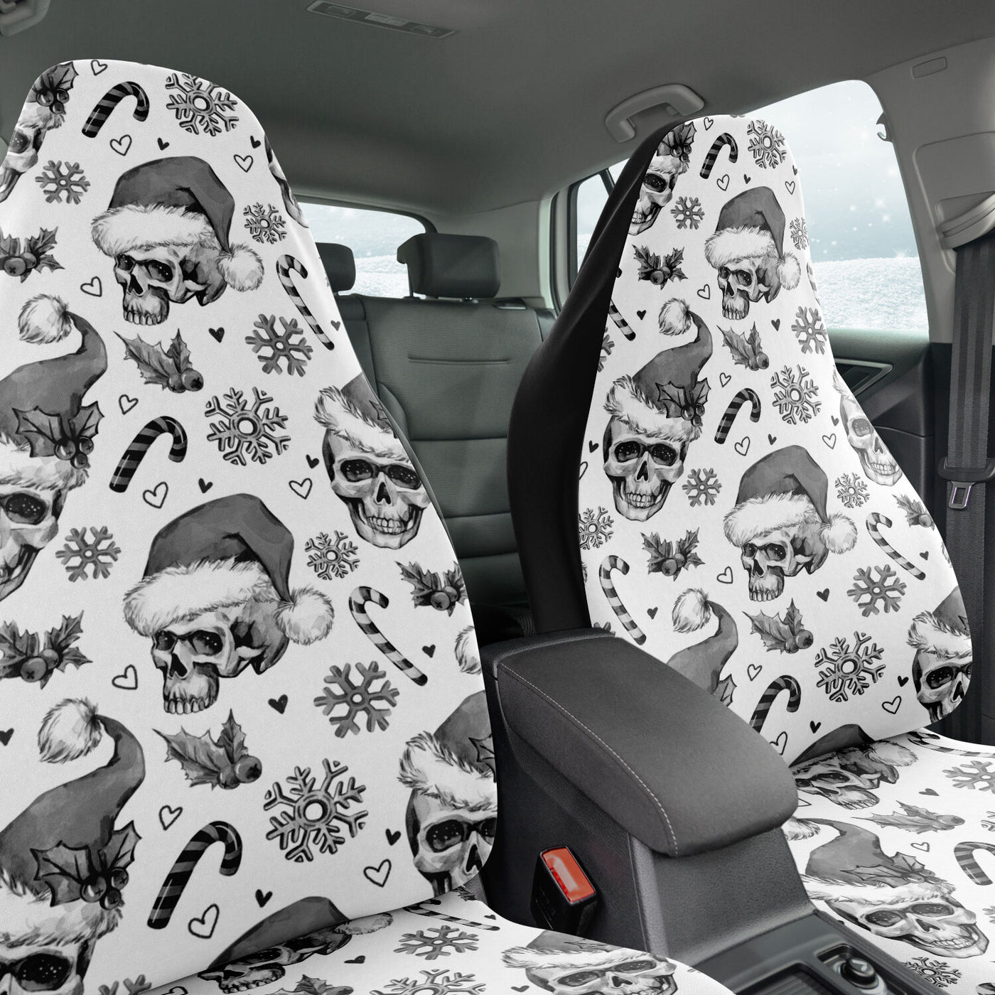 Dark Slate Gray Christmas Skulls & Candy BW | Car Seat Covers