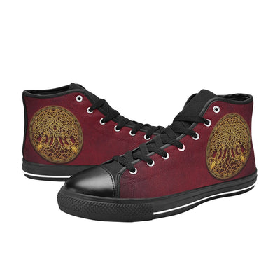 Dark Slate Gray Celtic Knot Tree Of Life Gold On Red | Men’s Classic High Top Canvas Shoes