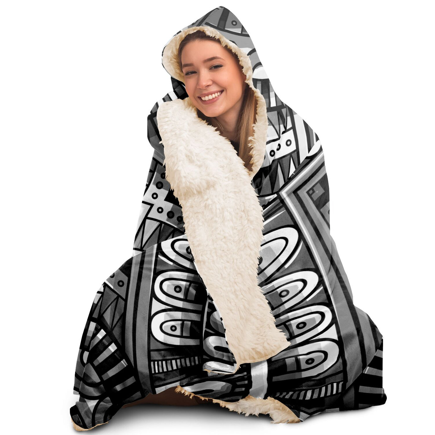 Light Gray Festival Clothes Tribal Lines 11 BW | Hooded Blanket