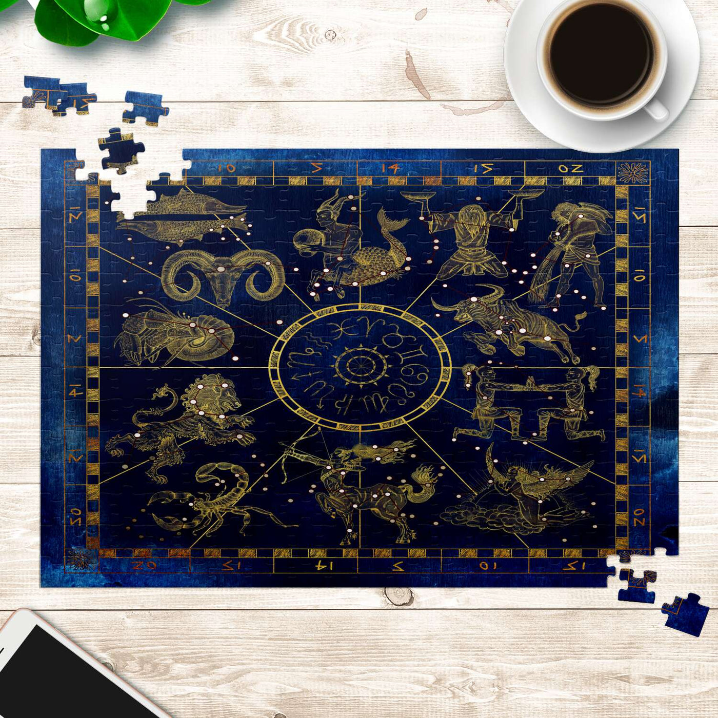 Dark Slate Gray Blue & Gold Zodiac Signs | Jigsaw Puzzle