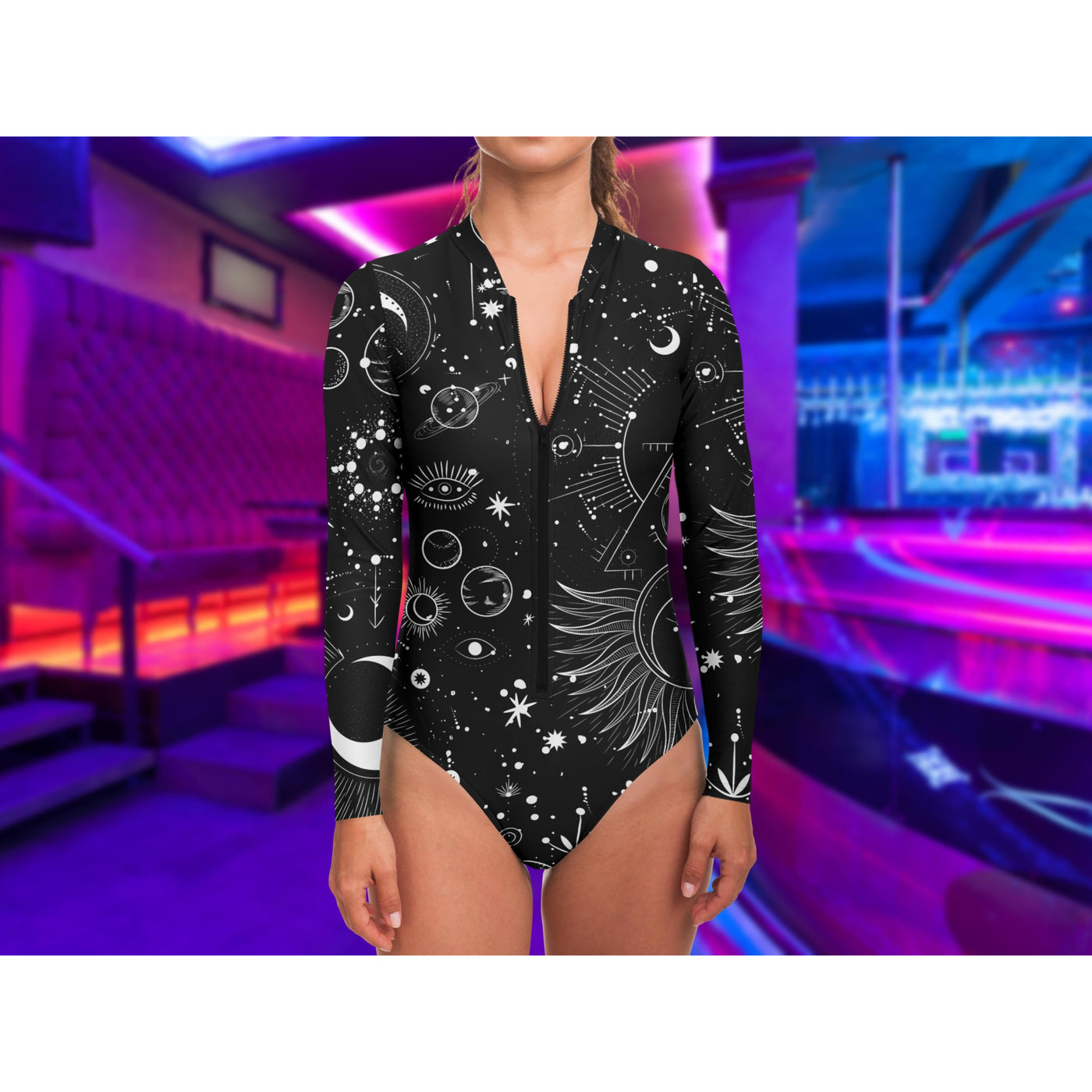 Midnight Blue Celestial Bodies Rave Outfit | Bodysuit Long Sleeve